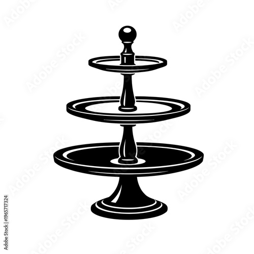 Black silhouette of a three-tiered serving dish with a decorative knob on top, perfect for displaying desserts or appetizers