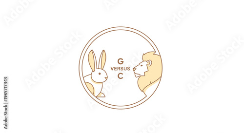 Minimalist line art illustration of a rabbit vs. lion in a circle, symbolizing contrast, competition, strength, and weakness.