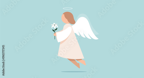 Cute angel, winged creature, holding flower, minimalist design, pastel colors