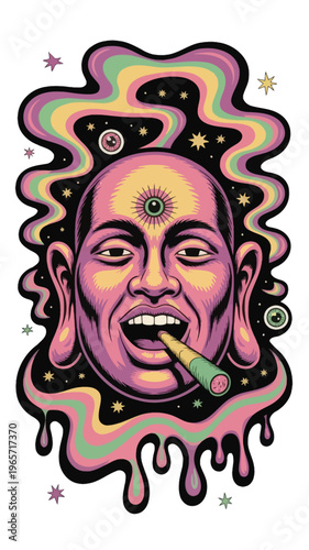 Psychedelic portrait with cosmic and surrealistic elements isolated on white background, Vector, illustration