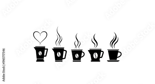 Collection of black and white coffee preparation vessels and cups with steam illustrations for cafe design