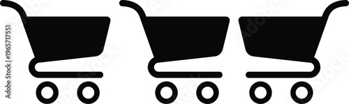 Three black shopping cart icons, minimalist e-commerce symbol vector. Online store basket graphic, retail purchase emblem, digital marketplace element for web design and mobile apps.
