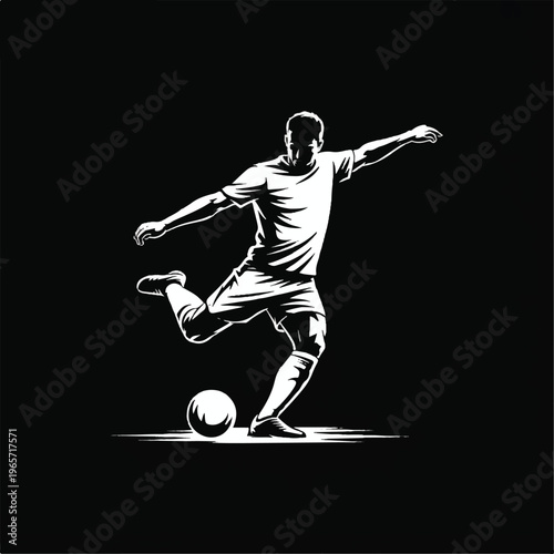 a-minimalist-black-anA minimalist black and white illustration of a soccer player in mid-kick on a black background
