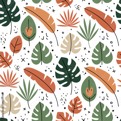 Seamless Modern Tropical Leaf Pattern in Earth Tone Colors