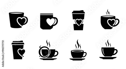 Eight black coffee cup icons featuring heart symbols and steam, including ceramic mugs and disposable takeaway cups, isolated on a white background