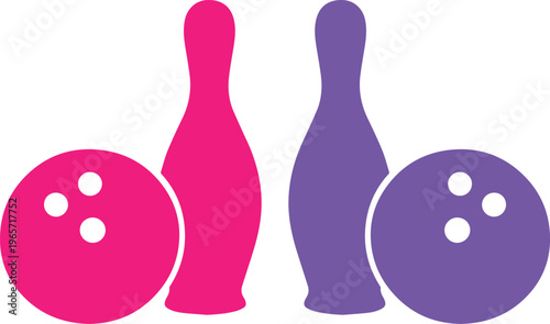 Vibrant bowling pins and balls vector illustration, a pair of pink and purple bowling game elements, sport and recreation graphic asset for leisure activities and entertainment design