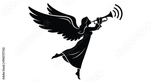Angel, winged figure, trumpet player, black silhouette, sound waves