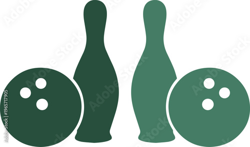 Bowling game equipment, two dark green bowling pins and two bowling balls with finger holes, a classic sports activity vector graphic