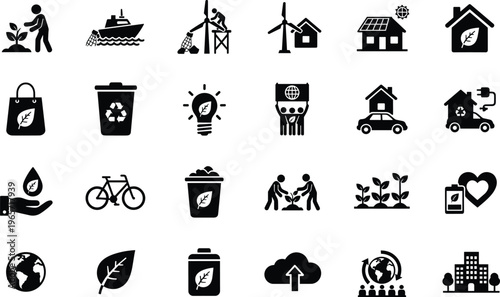 eco friendly icons set, sustainable lifestyle symbols, green energy recycling, environmental protection, renewable resources, zero waste concept vector illustration