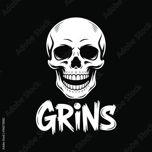 Smiling skull with the word grins underneath in a bold, hand-drawn style isolated on white background, Vector, illustration