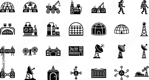 space station icons set, futuristic colony equipment symbols, astronaut and satellite technology, mars base elements, sci fi infrastructure vector