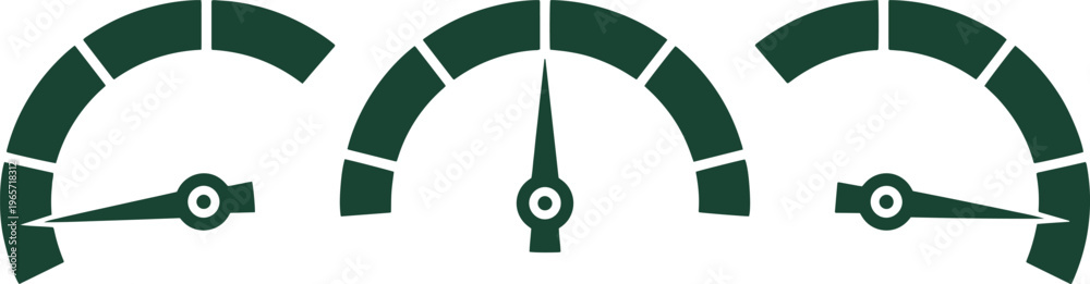Fototapeta premium Performance meter vector icons, three dark green dashboard gauges, speed indicators, measurement tools, and progress bar elements for UI design and data visualization