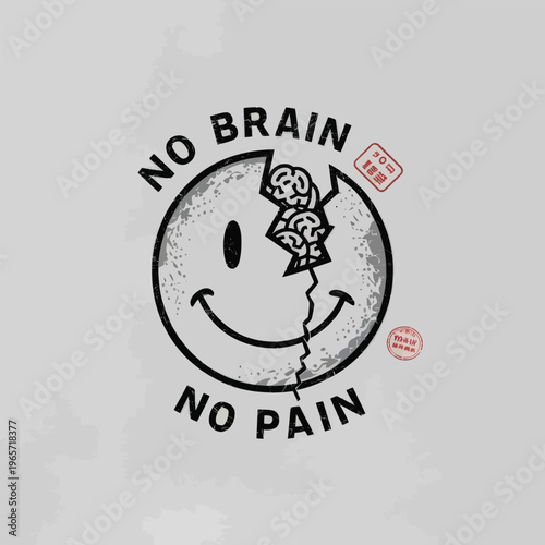 Smiley face illustration emphasizing no brain and no pain concept with pills isolated on white background, Vector, illustration