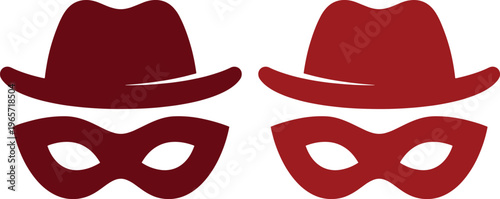 Mysterious Red Fedora Hat and Mask Vector Icon Set, Secret Agent Disguise Elements, Anonymous Identity Graphic Resource for Security and Privacy Concepts