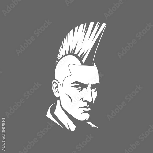 Stylized portrait illustration of a punk man with a mohawk haircut, representing youth rebellion and counterculture.