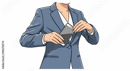 Professional person in a suit placing a smartphone into their pocket