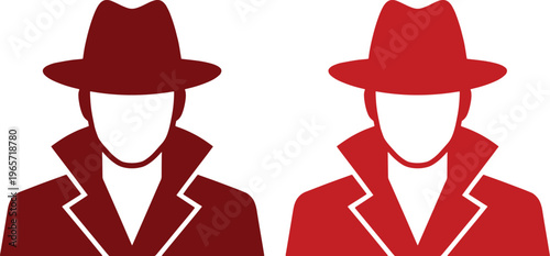 Mysterious detective avatar icon set, two anonymous spy figures in fedora hats and trench coats, secret agent vector graphics for security and privacy concepts
