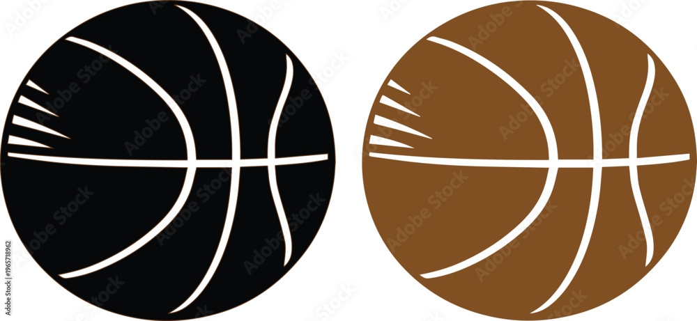 Obraz premium Basketball vector icon set, two modern basketball illustrations in black and brown, sports equipment graphic for team logos and athletic branding