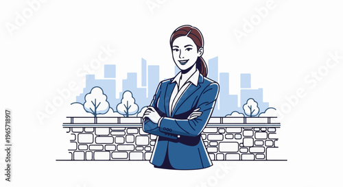 Professional woman in blue suit standing confidently with city skyline