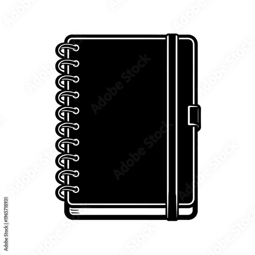 Black spiral bound notebook with elastic closure on white background