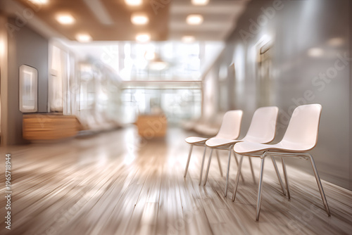 A modern, blurred perspective of an interior. Bright chairs are set against a long hallway, leading toward a bright window at the end