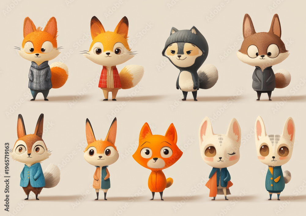 Obraz premium Cartoon animals in colorful outfits standing.