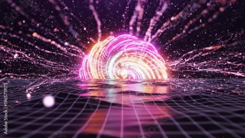 A vibrant, glowing, abstract digital brain structure pulsates with energy and light particles against a dark, futuristic background