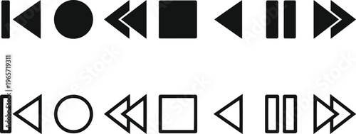 Minimalist black and white media player control icons, essential UI/UX vector elements for digital interfaces; play, pause, stop, rewind, fast forward buttons for web and app design