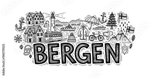 Bergen illustration with iconic landmarks and norwegian symbols