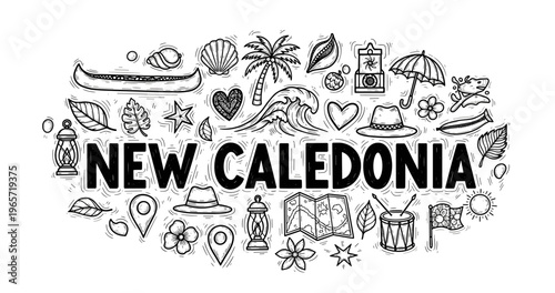 New caledonia doodles: tropical travel icons with nature and adventure elements