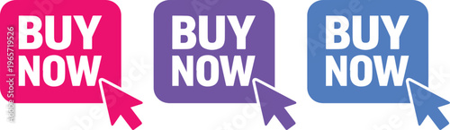 Vibrant "Buy Now" button collection, three colorful vector call-to-action buttons with mouse cursors, perfect for e-commerce, online shopping, and digital marketing campaigns