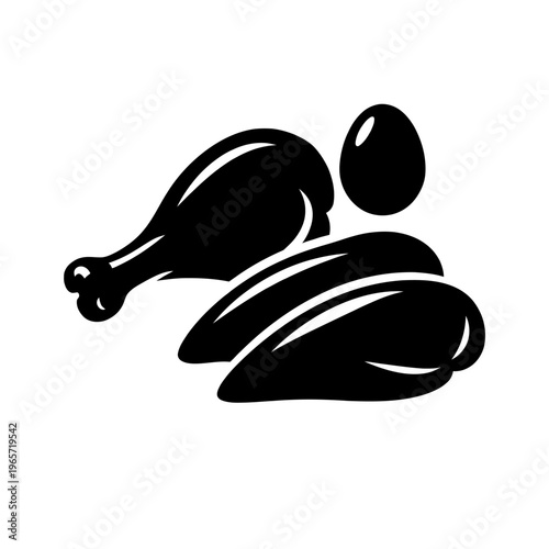 Black silhouette of chicken leg with egg and sausage on white background for food illustration