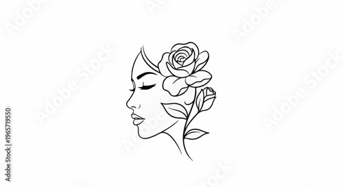 Profile of a woman with a rose intertwined with her hair