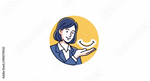 Professional woman in suit presenting a smiley face icon