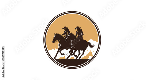 Western cowboy riders, horseback riding icons, circular emblem, brown silhouette