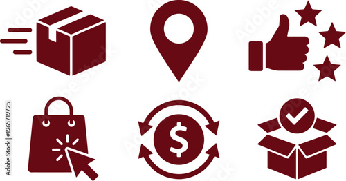 E-commerce delivery and customer service vector icon set. Online shopping, location pin, customer satisfaction, money exchange, and package tracking symbols for digital business.
