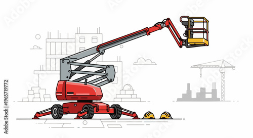 Red articulated boom lift at a construction site with hard hats