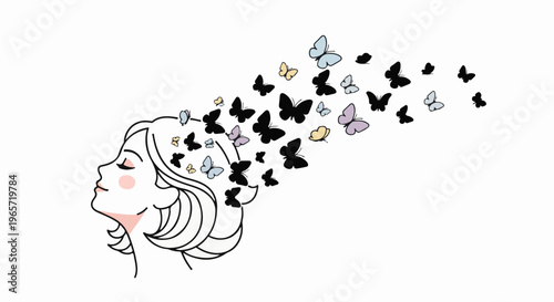 Profile of a woman's head with butterflies emerging from her hair