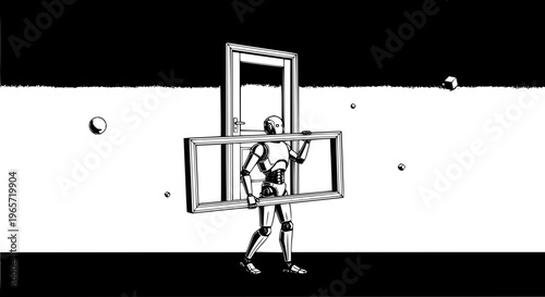 Man carrying windows in space person black and white illustration cartoon astronaut