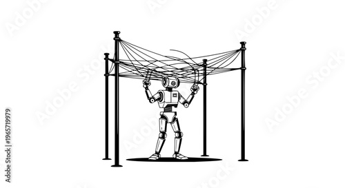 Robot lifting cable on metal frame wires mechanical industrial machine robotics