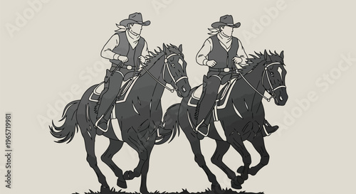 Western cowboys riding horses, black and white illustration, vector graphics, cowboy duo