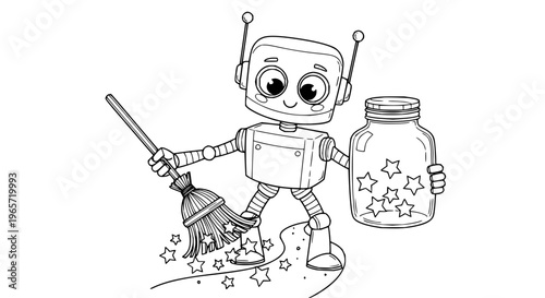 Robot sweeps stars into jar vector illustration broom sweeping cleaning collecting