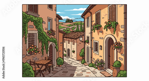Quaint Italian street with vibrant potted flowers and rolling hills