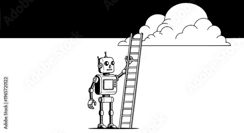 Robot climbing ladder to clouds vector illustration black and white cartoon metallic