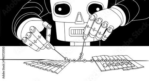 Robot hands typing chained keyboards vector illustration black and white computer