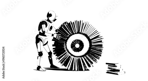 Robot repairing gear on white background machine mechanical industrial illustration