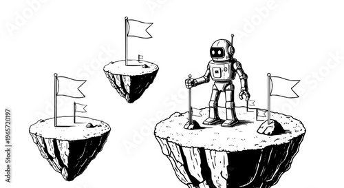 Astronaut standing on floating island with flags space flag black and white