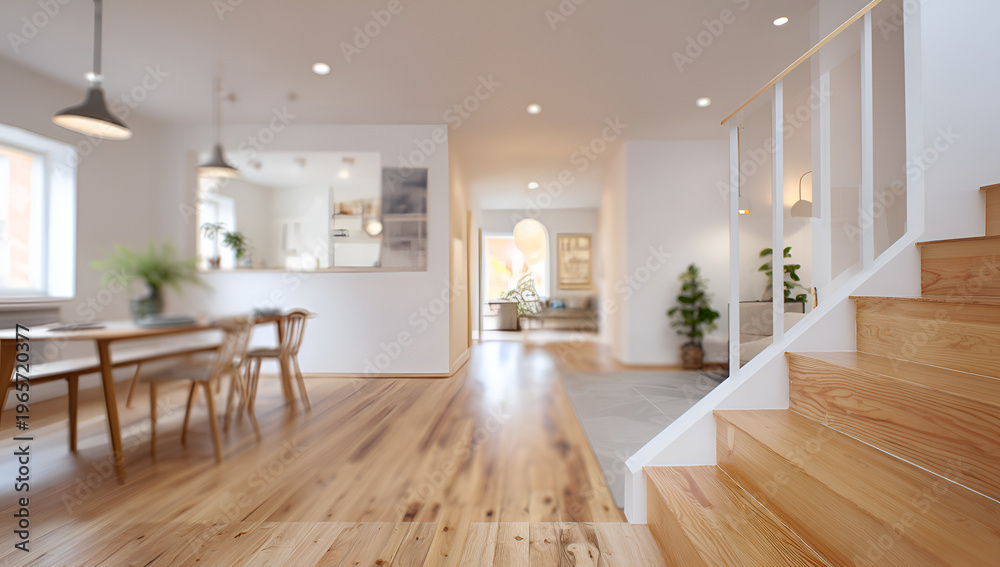 Fototapeta premium Interior perspective of a modern home, blurred, featuring a wooden staircase, dining area, and hallway leading to a living room