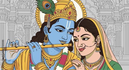 Radiant divine couple, adorned in gold, share an intimate gaze