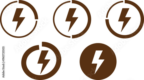 Dynamic lightning bolt icon set, five brown energy symbols, power and electricity vector graphics, charging and speed indicator elements for web design and mobile apps